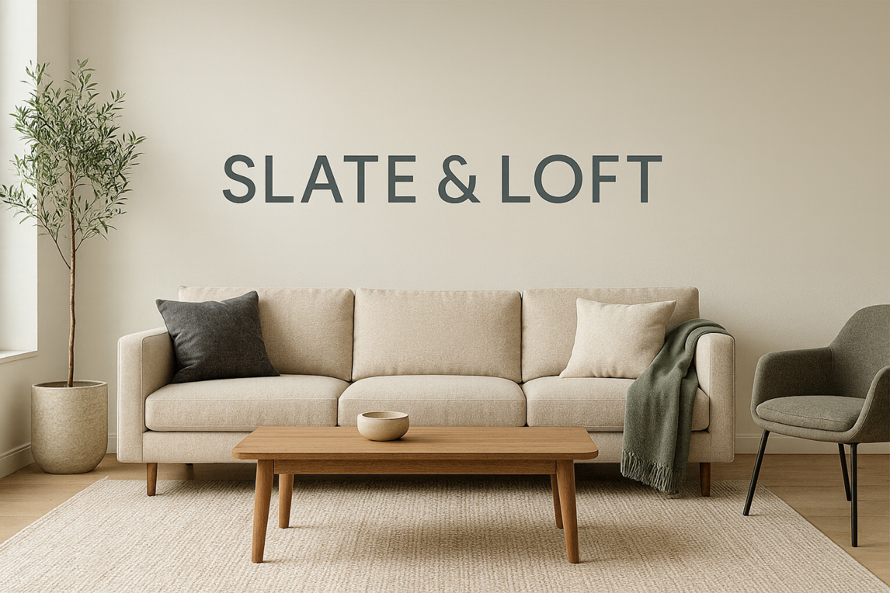 Modern living room with a sofa, coffee table, and chair, featuring the brand 'Slate & Loft'.